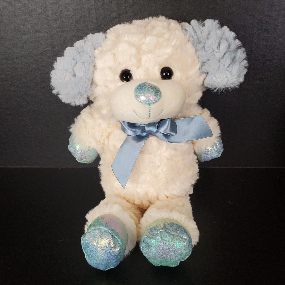 KellyToy White Dog Plush Blue Ears Iridescent Paws Satin Bow 11" Stuffed Animal